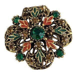 Vintage Gold-Tone Floral Brooch w/ Green & Amber Rhinestones And Enamel Accents